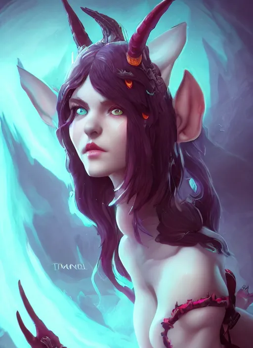 Image similar to imp demon goddess, cute elf ears, strapless dress, character portrait in the style of thomas river and artgerm, cinematic lighting, hyperdetailed, 8 k realistic, symmetrical, global illumination, radiant light,, frostbite 3 engine, cryengine, dof, trending on artstation, digital art, chanel