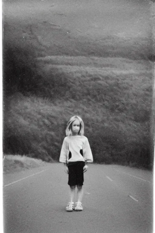 Prompt: photo polaroid of a sad and lonely child stands in the middle of a road, by the roadside many tents of field hospitals, pandemic, covid,loneliness, black and white ,photorealistic, 35mm film,