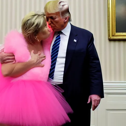 Image similar to Donald trump in a pink tutu, kissing Joe Biden, hyper realistic, 4k, 8k, White House, kissing