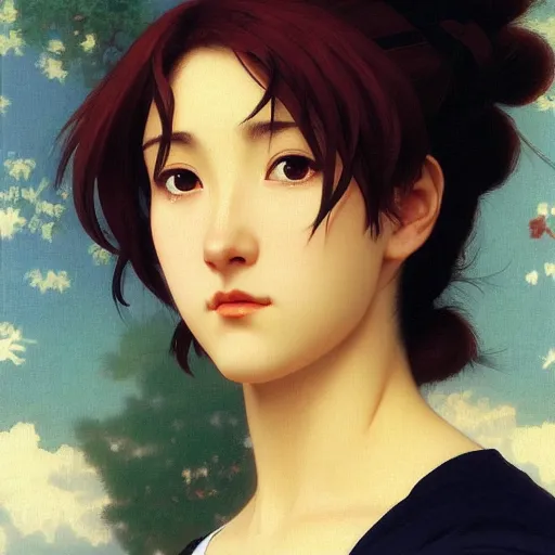 Prompt: A masterpiece head and shoulders portrait of Misato Katsuarig of NGE by William Adolphe Bouguereau and Makoto Shinkai