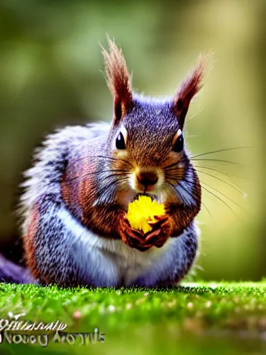 Image similar to the squirrel king, extremely plump, wearing crown of acorns and dandelions, servant squirrels, king arthur's court, low angle, palace, fantasy art, cinematic lighting, realistic, sony 2 4 mm f 4. 0