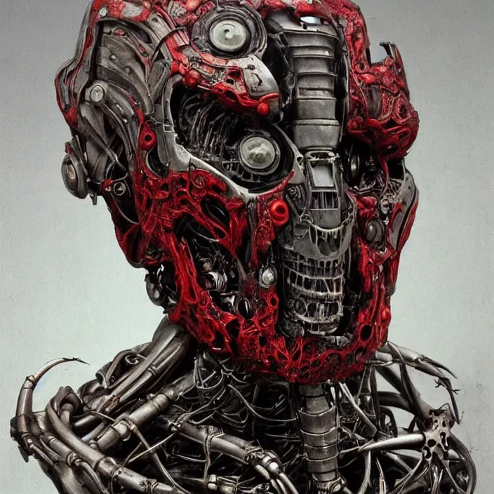 Prompt: in the art style of H.R. Giger a portrait of an evil, demented battle-damaged ruby Ultron from Age of Ultron, clockwork steampunk, head and chest only, by Beksinski, 4k, deviantart, trending on artstation, bio-chemical, bionic, fiber-optics, wires, electrical, short circuit, robocop, terminator, t-800, T-1000, endoskeleton, steampunk