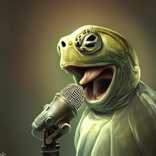 Image similar to a old turtle speaking to a condenser microphone in a studio, digital art by łukasz piskorz and patrick mcenvoy and michael komarck, intricate, highly detailed, artstation, concept art, smooth, sharp focus photo centered