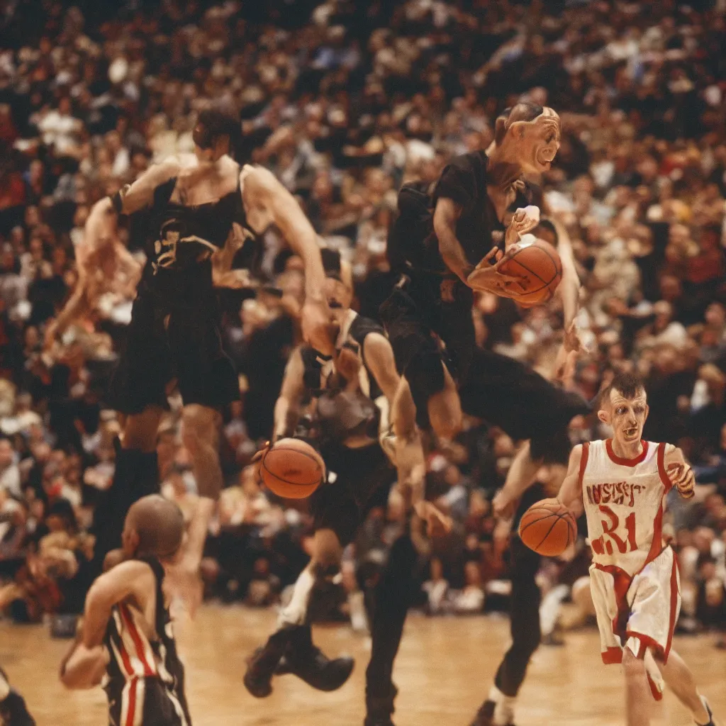 Prompt: portrait of nosferatu playing alone basketball at the nba, 1 2 0 mm lens,