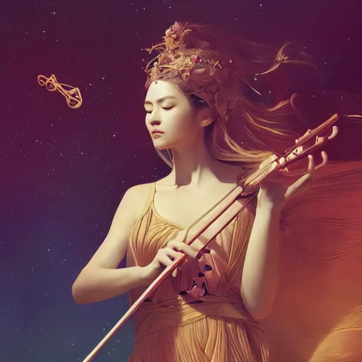 Image similar to a high quality portrait of a celestial goddess of life playing a mystical violin and springing life into the universe, by WLOP, by Beeple, by greg rutkowski