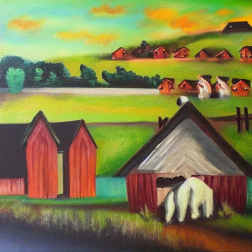 Image similar to barnyard, acrylic painting