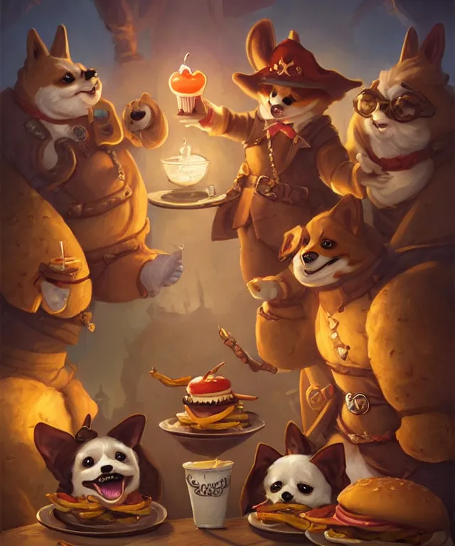 Image similar to a portrait of three anthropomorphic corgi pirates eating hamburgers and fries, restaurant in background, cute and adorable, dnd character art portrait, well rendered matte fantasy painting, deviantart artstation, by jason felix by steve argyle by tyler jacobson by peter mohrbacher, cinematic lighting