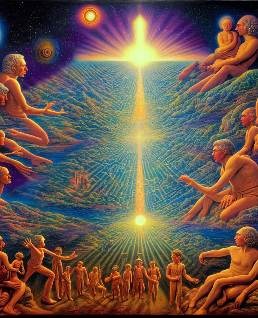 Image similar to a beautiful future for human evolution, spiritual science, divinity, utopian, by david a. hardy, wpa, public works mural, socialist