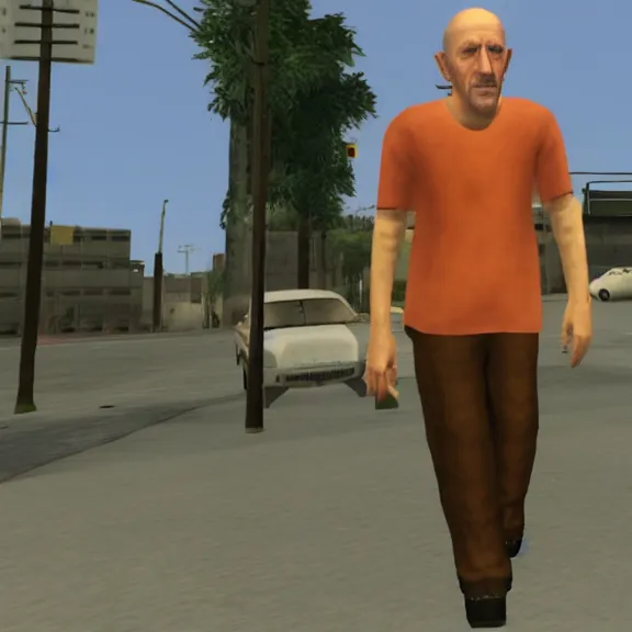 Image similar to Mike Ehrmantraut in Los Santos, screenshot from the PS2 version of GTA San Andreas, orange sky, screenshot from 2004, low quality graphics