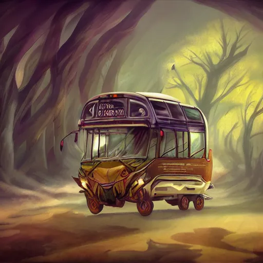 Prompt: Mythical creature - hybrid of bus and wolf, having cabin if form of wolf head and long body of bus with wheels and windows, oil on canvas, fantasy, digital painting, concept art, smooth, sharp focus, illustration, artstation trending, octane render, unreal engine, Ghibli, anime style