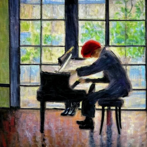 Prompt: a person playing the piano in a cafe on a rainy day, impressionist art