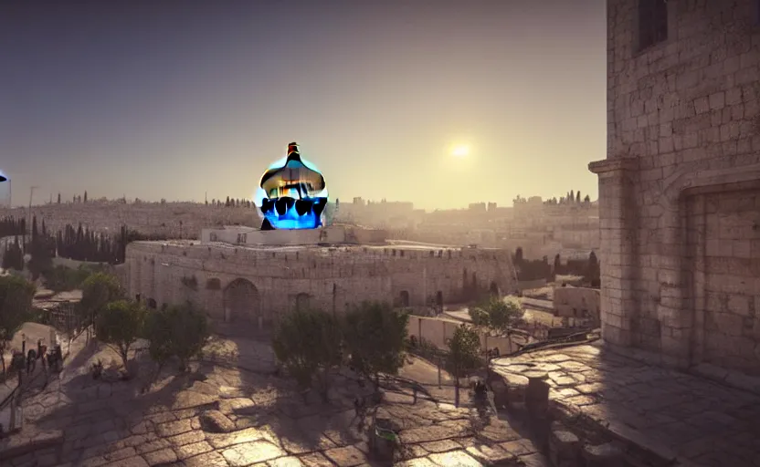 Image similar to a beautiful photo of jerusalem, hyper realistic, natural light, concept art, cozy atmospheric and cinematic lighting