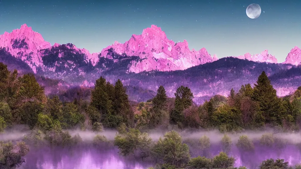 Image similar to Panoramic photo where the mountains are towering over the valley below their peaks shrouded in mist. It is night and the moon is just peeking over the horizon and the purple sky is covered with stars and clouds. The river is winding its way through the valley and the trees are blue and pink