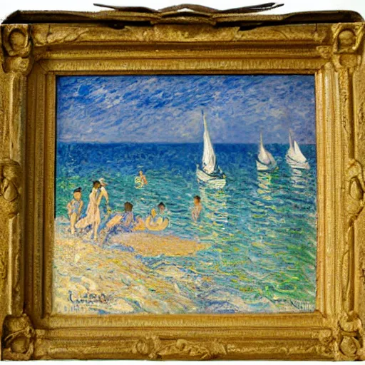 Image similar to oil paint impasto reliefs, italian beach scene, an artwork by charles w. bartlett and claude monet anvan gogh