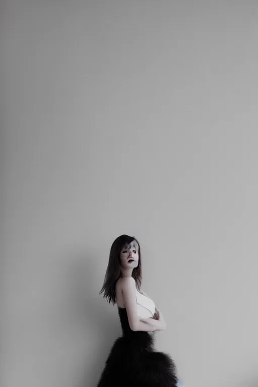 Prompt: full body aesthetic photograph of a beautiful young woman in a furry black cocktail dress standing in an empty white room by Lina Tesch, realistic, photorealistic, HD, 4k resolution