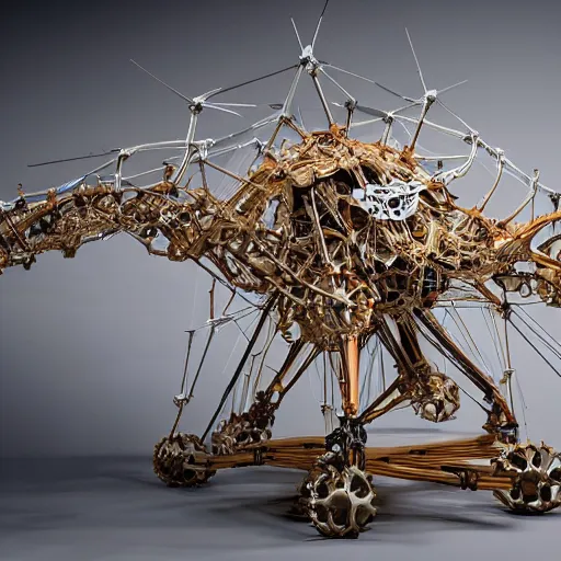 Prompt: a biomechanical cyber strandbeest by theo jansen