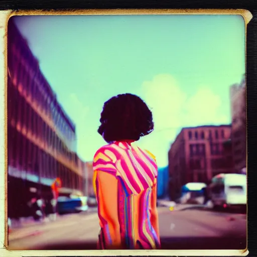 Image similar to colorful instant photograph of a woman in the middle of the street, polaroid, light leak, raw, nostalgic, daylight, blue sky, clouds