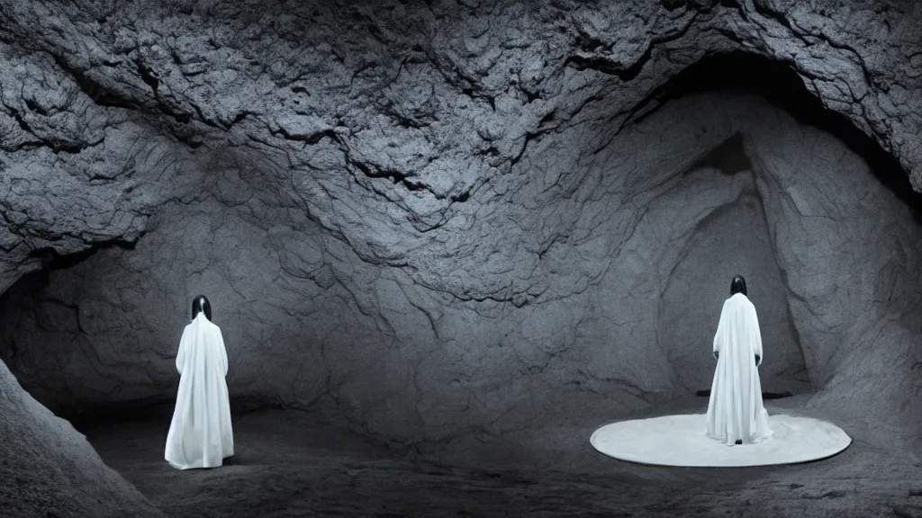 Prompt: a woman in a white gown with a knife in hand approaches a black marble cave, film still from the movie directed by ari aster with art direction by Zdzisław Beksiński, wide lens