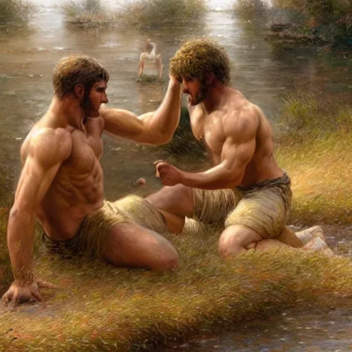 Prompt: young shepherds wrestling by a river, playful, male, muscular, detailed face, gorgeous, amazing, muscular, intricate, highly detailed, painting by Gaston Bussiere, Craig Mullins