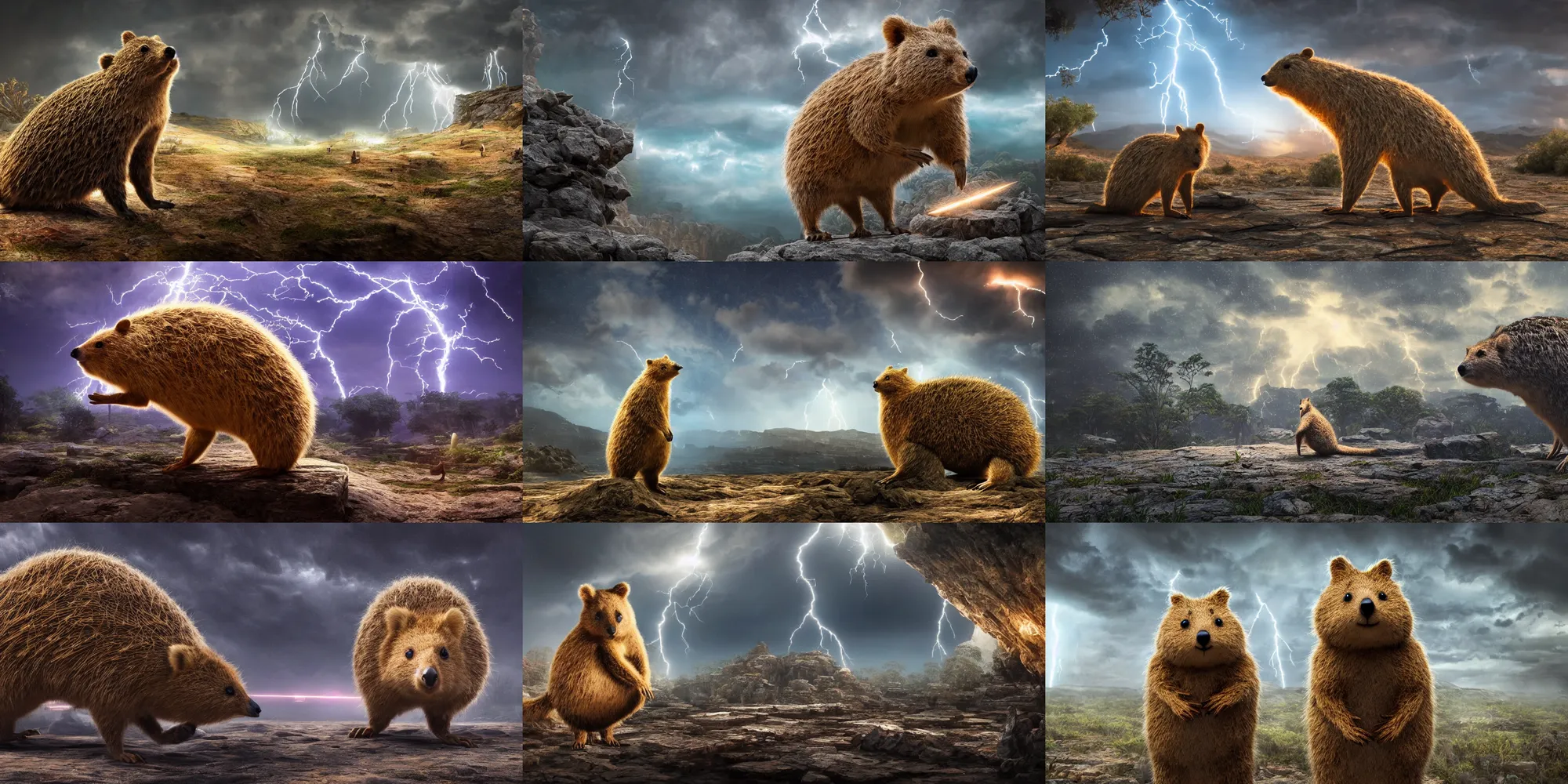 Prompt: giant mechanical quokka in a landscape made of crystal, lightning storm, cinematic, detailed, epic, widescreen, opening, establishing, mattepainting, photorealistic, 4 k, octane render