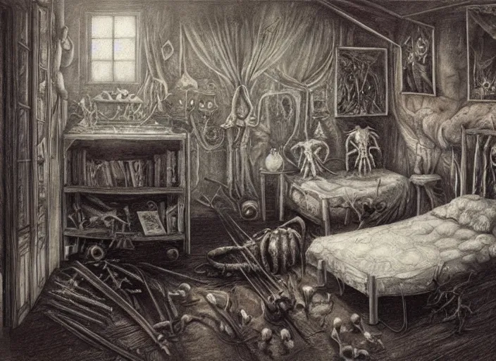 Image similar to a childhood bedroom by adonna khare, and h. r. giger, liminal aesthetic, dreamcore, weirdcore, clean lines, wide angle