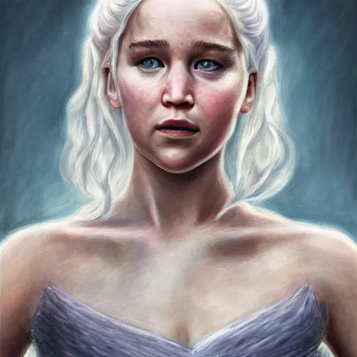Image similar to portrait of the daughter of daenerys targaryen and jennifer lawrence as a young woman, hyperdetailed, hyperrealism.