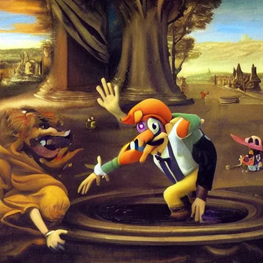 Image similar to waluigi emerges from the sewer to shame mankind, baroque oil painting, detailed, dramatic