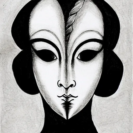Prompt: an ink drawing of da vinci style white tragedy mask, opera mask, ilya kuvshinov, black and white