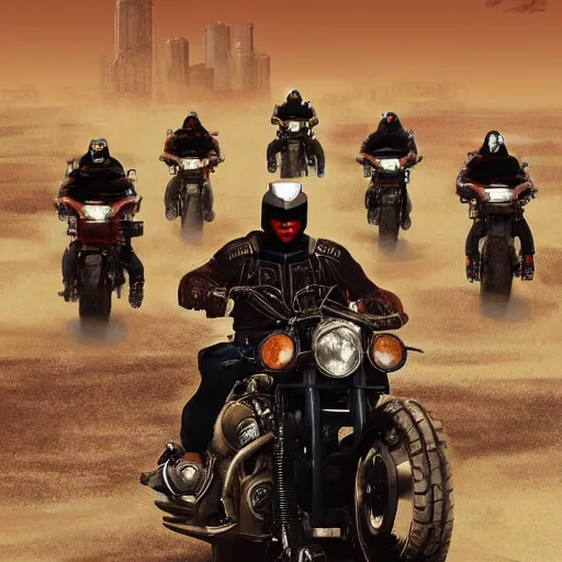 Image similar to four judges on big motorcycles from Judge Dredd riding across the Cursed Earth with a trail of dust behind them, and the ruins of Minneapolis ahead. Hyperrealistic, artstation, movie poster art