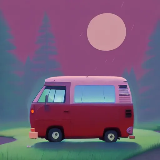 Prompt: goro fujita ilustration a hippie van traveling through the canada forest, painting by goro fujita, sharp focus, highly detailed, artstation