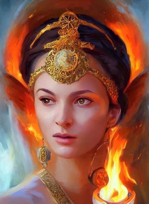 Image similar to Portrait of a beautiful priestess from the oracle of Delphi, looking into the flames, greek mythology, high face detail, in the style of Julia Ustinovich, digital art, Vladimir Volegov