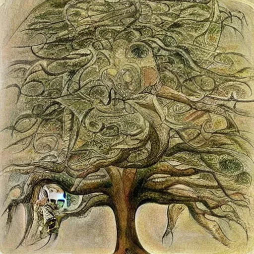 Image similar to a beautifully detailed romantic painting of a tree. A Masterpiece in the style of William Blake.