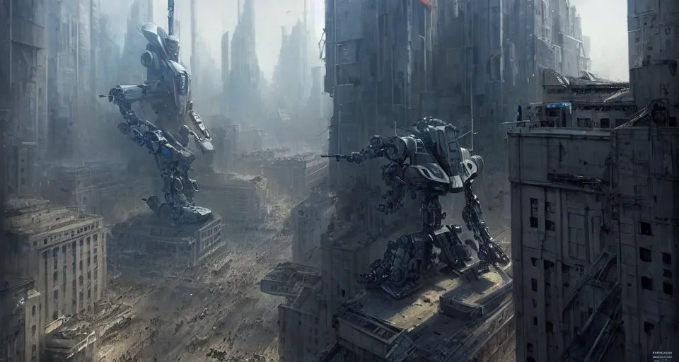 Image similar to hyper realistic sci - fi matte concept art painting of mecha standing on top of a building overlooking war in the streets, beautiful details, strong composition painted by kim jung guweta studio rutkowski, james gurney and greg rutkowski, and lucasfilm, smooth, intricate, detailed, sharp focus, cinematic