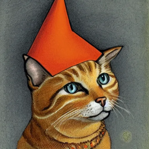 Prompt: orange tabby cat wearing a dunce cap, fantasy illustration