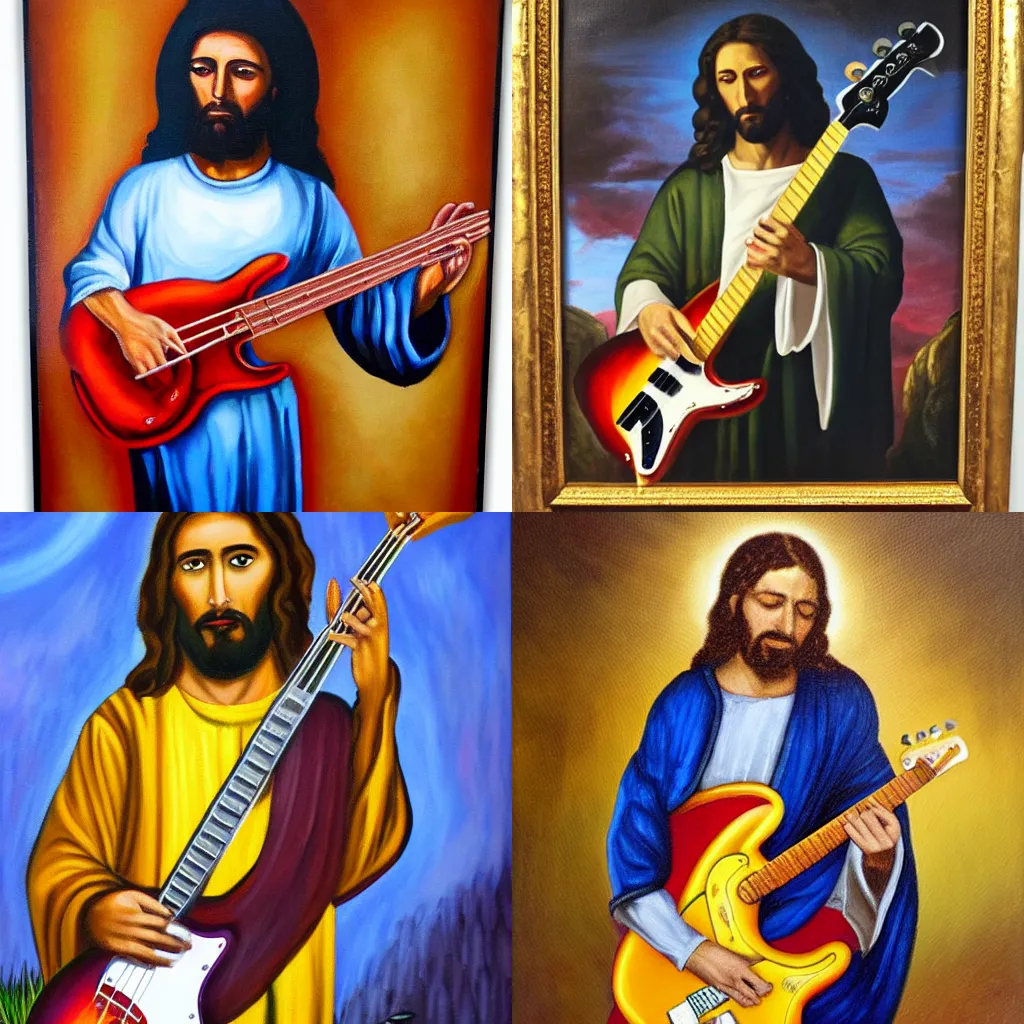 Prompt: oil painting of Jesus playing the Fender bass