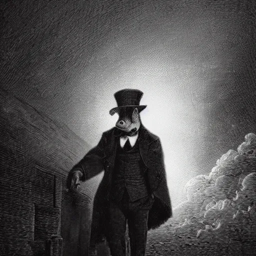 Prompt: pig in a tuxedo, illustration by Gustave Doré, high detail, eerie, barn, creepy, dark, night, misty, moon, chiaroscuro, film noir