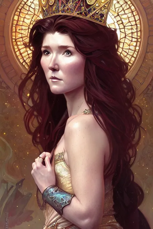 Prompt: Jewel Staite as a princess, fantasy, intricate, elegant, highly detailed, digital painting, artstation, concept art, matte, sharp focus, illustration, art by Artgerm and Greg Rutkowski and Alphonse Mucha