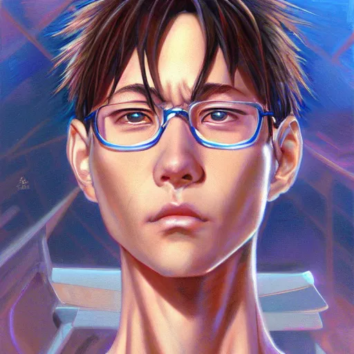 Image similar to Shinji from Neon Genesis Evangelion, Closeup portrait art by Donato Giancola and James Gurney, digital art, trending on artstation