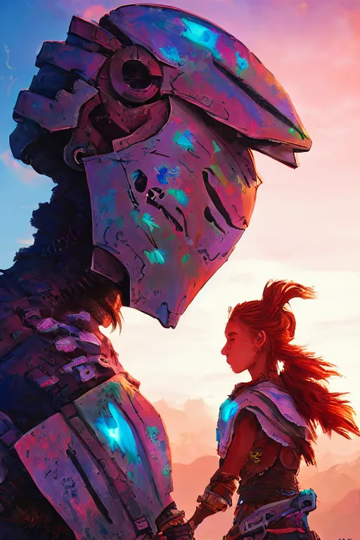 Image similar to combination suit armor aloy horizon forbidden west horizon zero dawn radiating a glowing aura global illumination ray tracing hdr fanart arstation by ian pesty and alena aenami artworks in 4 k tribal robot ninja mask helmet backpack