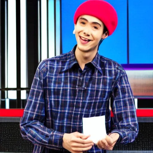 Prompt: a thin guy with an overbite wearing a beret and a plaid shirt on a quiz tv show