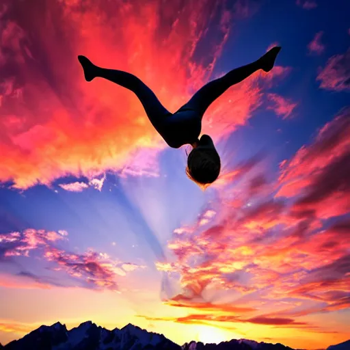 Image similar to A photorealistic image of an athletic woman in nikini in a freefall on terminal speed in front of courchevel mountains in an astonishing sunset, vivid color, high quality, high textured