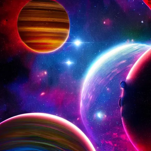 Image similar to beautiful and realistic space poster with colorful planets, partially hidden in nebulas, stars background and nebulas, nasa, hubble, james webb telescope, 8 k render, movie fx, star trek