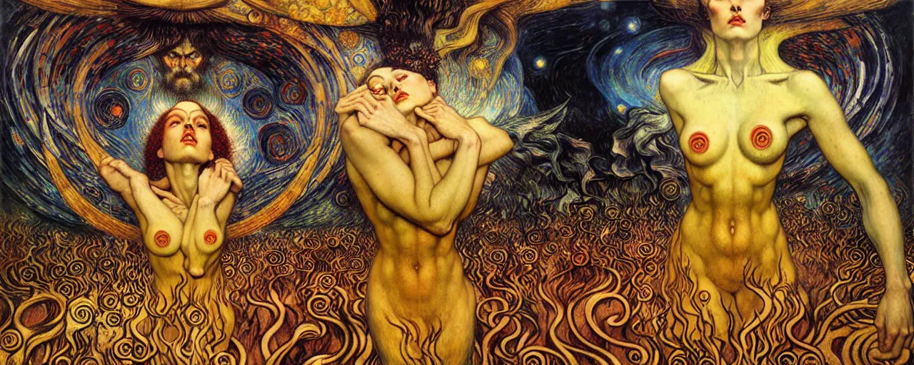 Image similar to Divine Chaos Engine by Karol Bak, Jean Delville, William Blake, Gustav Klimt, and Vincent Van Gogh, symbolist, visionary