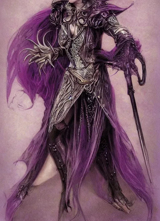 Image similar to portrait of young female sorceress of the endtimes, transluscent skin, silver filigreed armor, lavender hair, beautiful! coherent! dungeons and dragons character, by brian froud, strong line, cool night color, high contrast