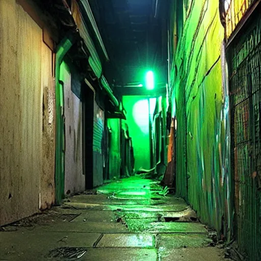 Image similar to an alleyway in a slum with green lighting in the style of arcane