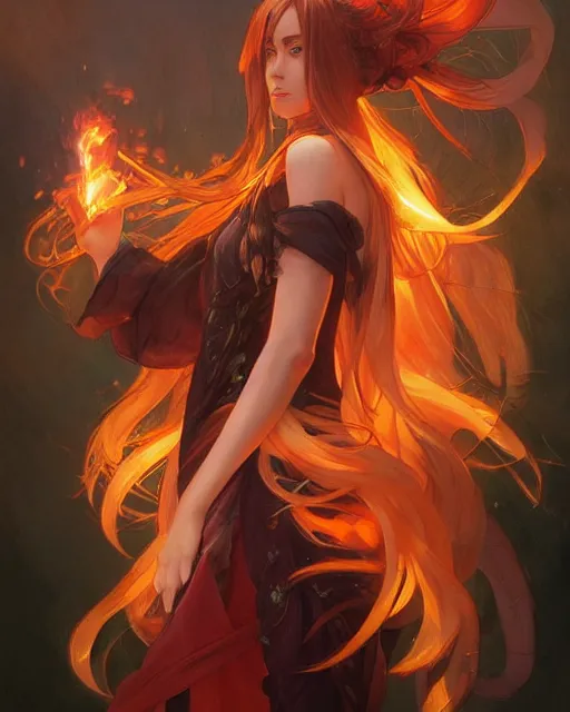 Prompt: beautiful long haired anime girl, fire dress, portrait, flames everywhere, highly detailed, digital painting, artstation, concept art, smooth, sharp focus, illustration, art by artgerm and greg rutkowski and alphonse mucha