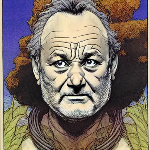 Image similar to a realistic and atmospheric portrait of bill murray as a druidic warrior wizard looking at the camera with an intelligent gaze by rebecca guay, michael kaluta, charles vess and jean moebius giraud