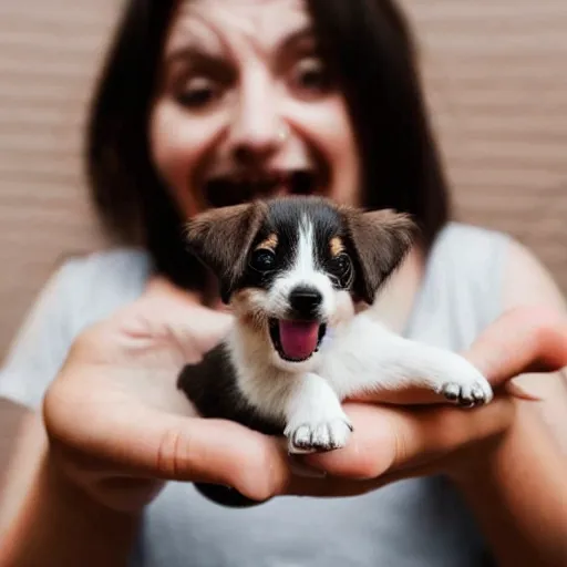 Image similar to photo of person with mouth open with tiny miniature puppy inside mouth