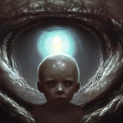 Image similar to an eye inside a mouth of a child with pointed teeth and glowing yellow eyes, nightmare, dark, h. p. lovecraft, portrait, intricate, detailed, volumetric lighting, scenery, digital painting, highly detailed, artstation, sharp focus, illustration, concept art, art by artgerm and greg rutkowski