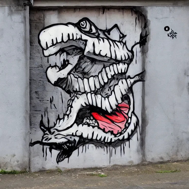 Image similar to Street-art painting of cute crocodile-skeleton in style of Banksy, comic character, cute skeleton, cartoon style, photorealism